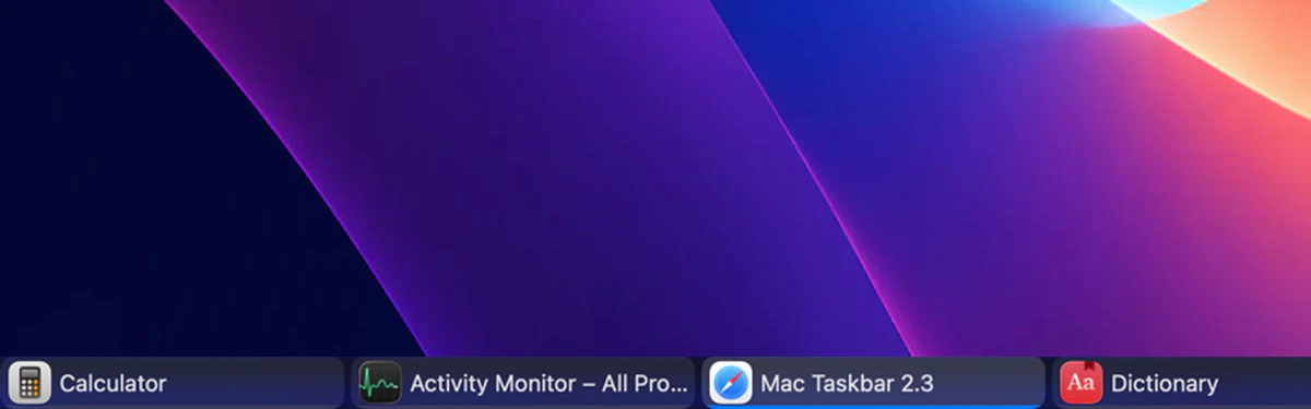 Mac Taskbar using the Liquid Glass style over a colorful desktop