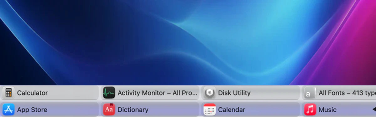 Mac Taskbar displaying two rows of app and window tiles
